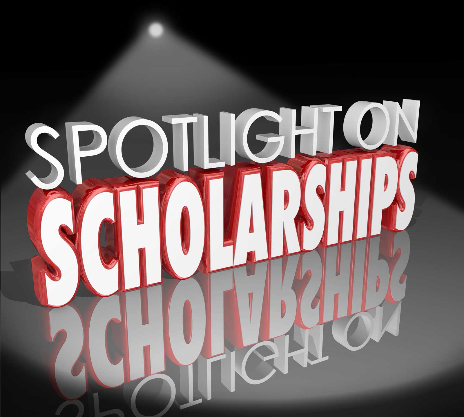 Stylized text displaying "SPOTLIGHT ON SCHOLARSHIPS" with dramatic lighting and reflections, emphasizing the importance of educational funding.