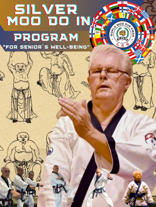 A martial arts instructor showcases a gentle pose, promoting a senior wellness program, surrounded by historical illustrations and program branding.