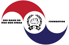 A stylized emblem featuring a yin-yang symbol with red and blue halves and a central martial arts fist logo.