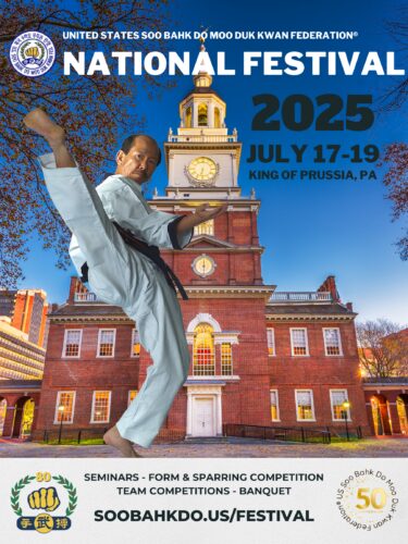 A martial artist executes a high kick, with a historic building backdrop, promoting the 2025 National Festival in King of Prussia, PA.